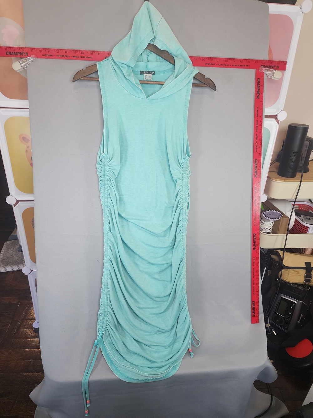 VENUS Aqua Sleeveless Hooded Ruched Midi Dress
